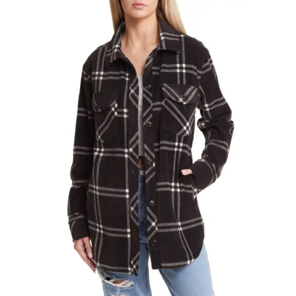 Plaid Polar Fleece Shacket in Black & White